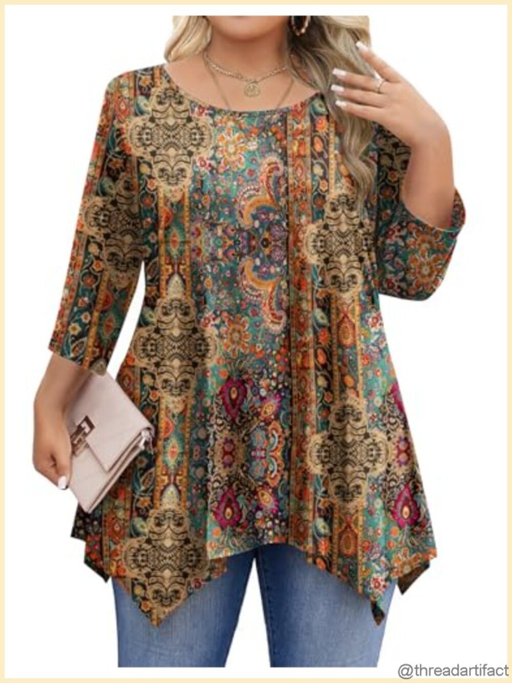 Plus Size 3/4 Sleeve Tunic Top Round Neck Paisley Peasant Blouse
